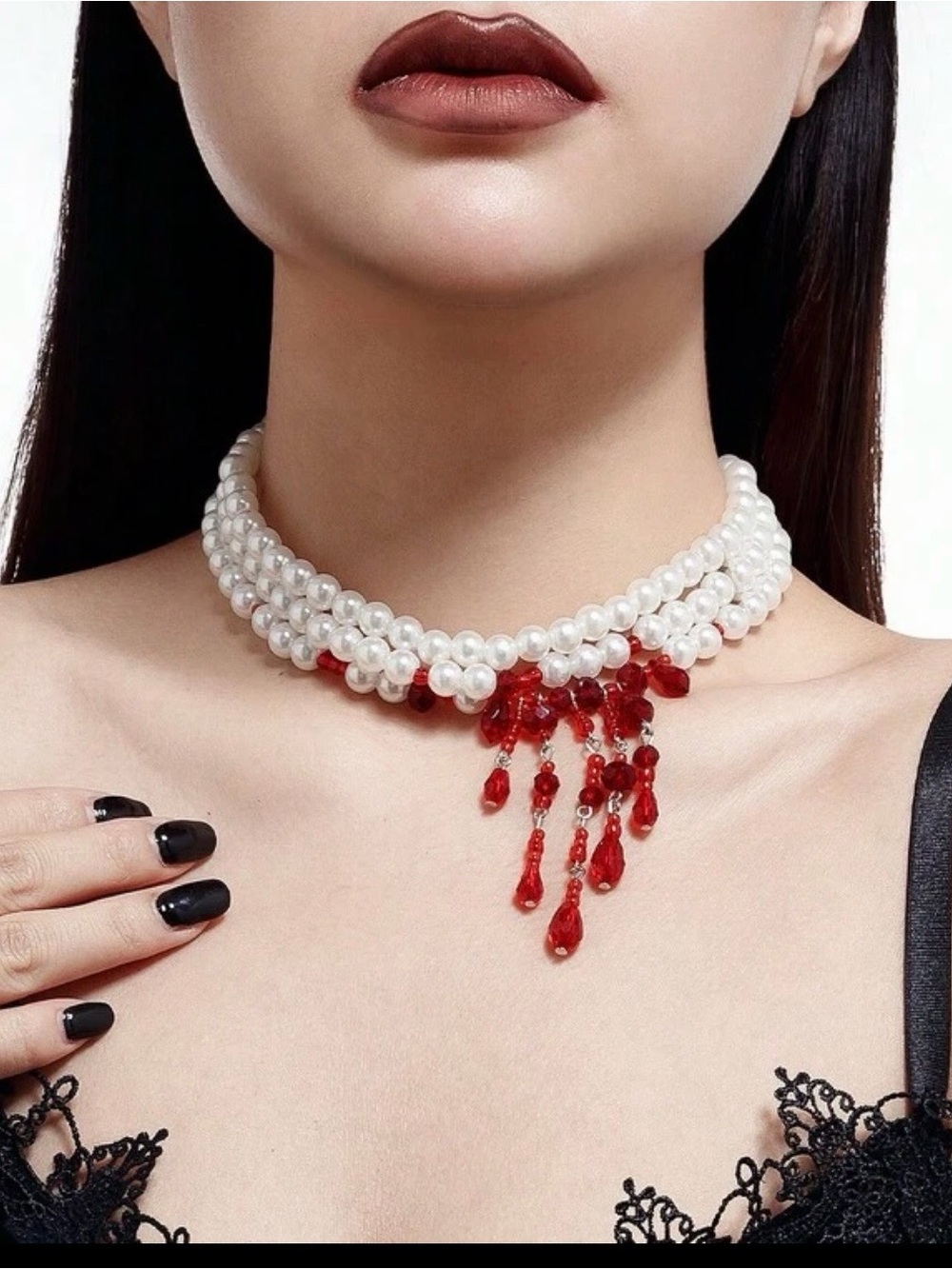White Pearl Choker with Red Crystal Tassels